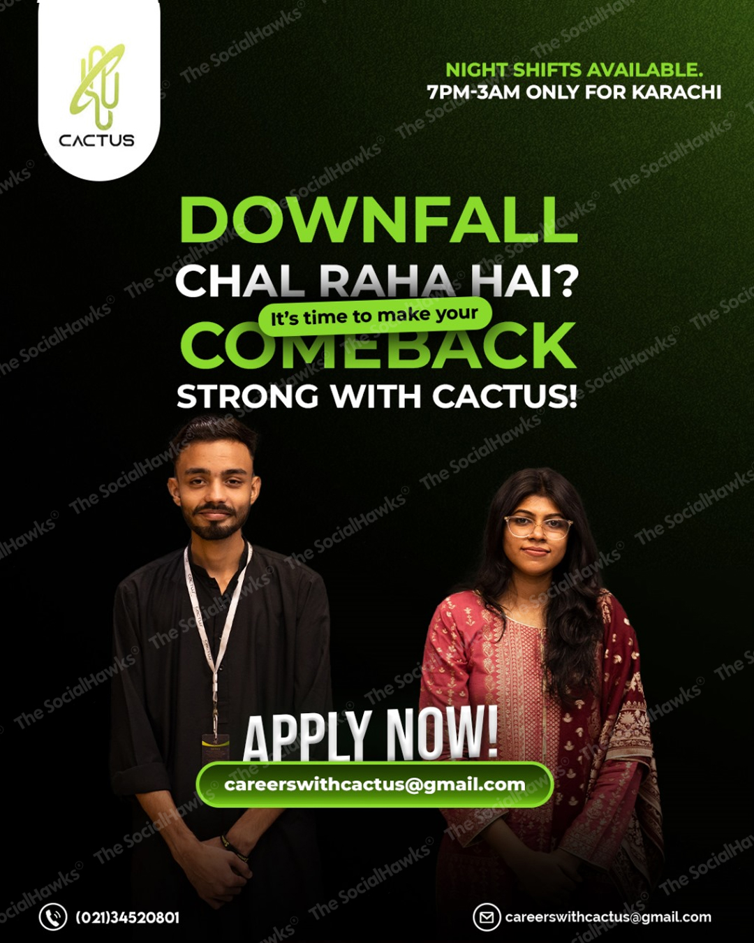 Cactus BPO comeback career ad with male and female employees on dark background